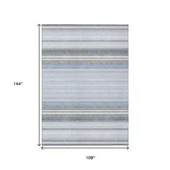 9' X 12' Sky Blue And Ivory Striped Washable Indoor Outdoor Area Rug