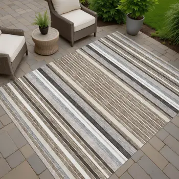 5' X 8' Taupe Ivory And Brown Striped Washable Indoor Outdoor Area Rug