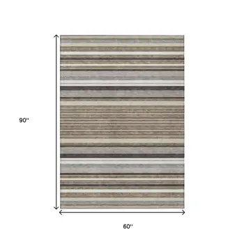5' X 8' Taupe Ivory And Brown Striped Washable Indoor Outdoor Area Rug