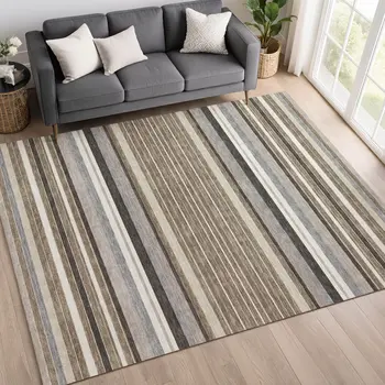 5' X 8' Taupe Ivory And Brown Striped Washable Indoor Outdoor Area Rug