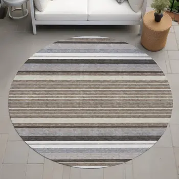 8' Taupe Ivory And Brown Round Striped Washable Indoor Outdoor Area Rug