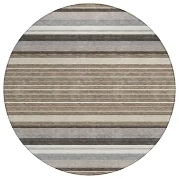 8' Taupe Ivory And Brown Round Striped Washable Indoor Outdoor Area Rug