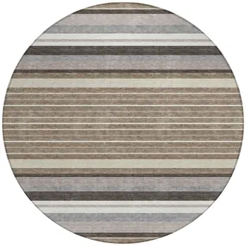 8' Taupe Ivory And Brown Round Striped Washable Indoor Outdoor Area Rug