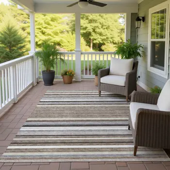 9' X 12' Taupe Ivory And Brown Striped Washable Indoor Outdoor Area Rug
