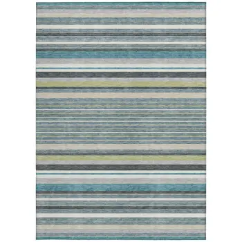 3' X 5' Teal Blue Gray And Ivory Striped Washable Indoor Outdoor Area Rug