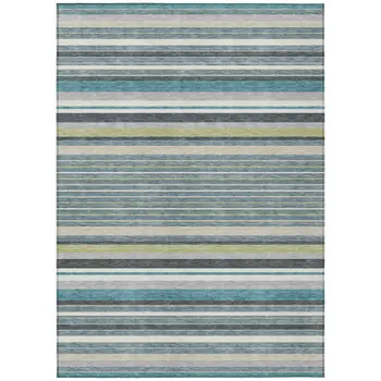 5' X 8' Teal Blue Gray And Ivory Striped Washable Indoor Outdoor Area Rug