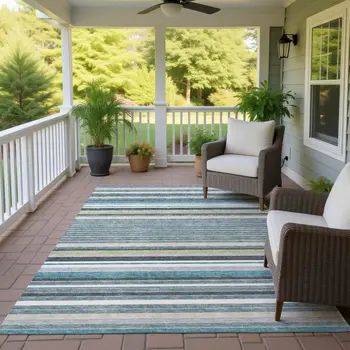 5' X 8' Teal Blue Gray And Ivory Striped Washable Indoor Outdoor Area Rug