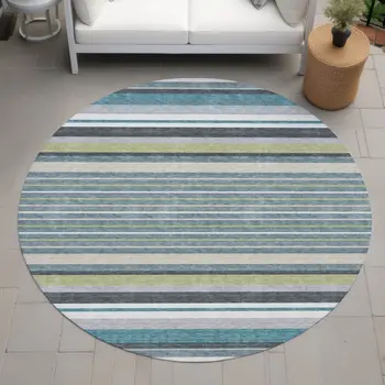 8' Teal Blue Gray And Ivory Round Striped Washable Indoor Outdoor Area Rug