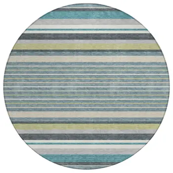 8' Teal Blue Gray And Ivory Round Striped Washable Indoor Outdoor Area Rug