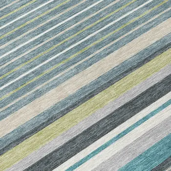 8' Teal Blue Gray And Ivory Round Striped Washable Indoor Outdoor Area Rug