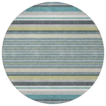 8' Teal Blue Gray And Ivory Round Striped Washable Indoor Outdoor Area Rug