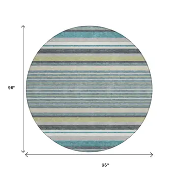 8' Teal Blue Gray And Ivory Round Striped Washable Indoor Outdoor Area Rug