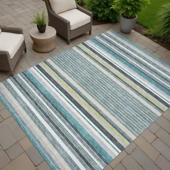 8' X 10' Teal Blue Gray And Ivory Striped Washable Indoor Outdoor Area Rug