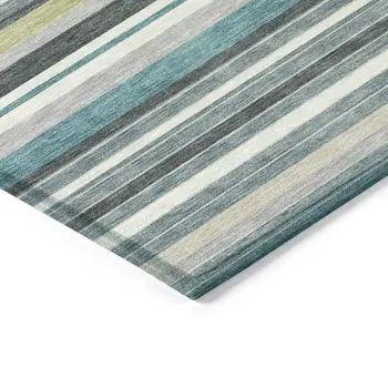 8' X 10' Teal Blue Gray And Ivory Striped Washable Indoor Outdoor Area Rug
