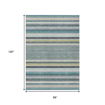 8' X 10' Teal Blue Gray And Ivory Striped Washable Indoor Outdoor Area Rug
