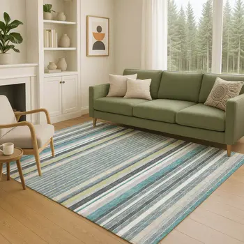 8' X 10' Teal Blue Gray And Ivory Striped Washable Indoor Outdoor Area Rug