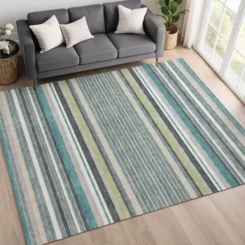 8' X 10' Teal Blue Gray And Ivory Striped Washable Indoor Outdoor Area Rug