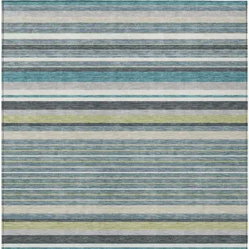 9' X 12' Teal Blue Gray And Ivory Striped Washable Indoor Outdoor Area Rug