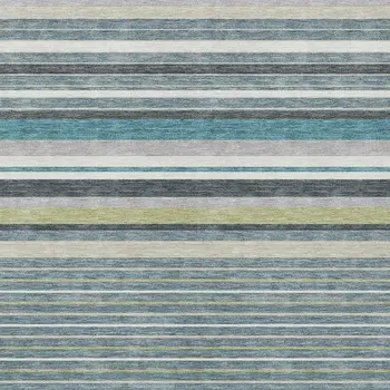 9' X 12' Teal Blue Gray And Ivory Striped Washable Indoor Outdoor Area Rug