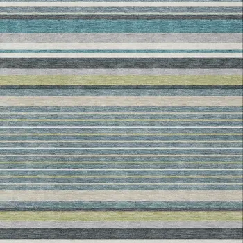 10' X 14' Teal Blue Gray And Ivory Striped Washable Indoor Outdoor Area Rug