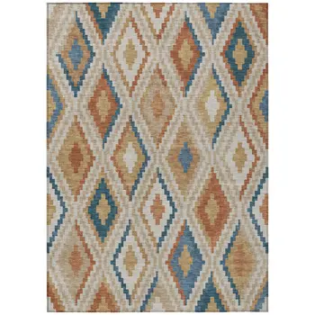 5' X 8' Beige Blue And Terra Cotta Geometric Washable Indoor Outdoor Area Rug