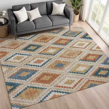 5' X 8' Beige Blue And Terra Cotta Geometric Washable Indoor Outdoor Area Rug