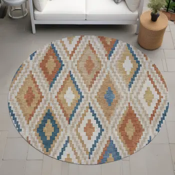 8' Beige Blue And Terra Cotta Round Geometric Washable Indoor Outdoor Area Rug