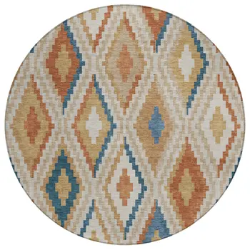 8' Beige Blue And Terra Cotta Round Geometric Washable Indoor Outdoor Area Rug