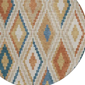 8' Beige Blue And Terra Cotta Round Geometric Washable Indoor Outdoor Area Rug