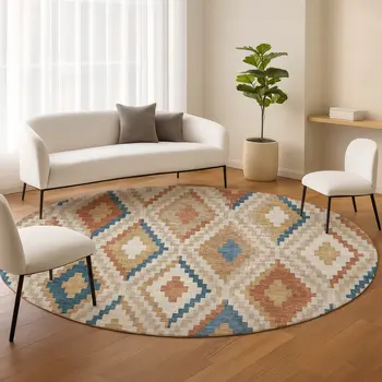 8' Beige Blue And Terra Cotta Round Geometric Washable Indoor Outdoor Area Rug