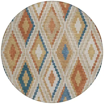 8' Beige Blue And Terra Cotta Round Geometric Washable Indoor Outdoor Area Rug