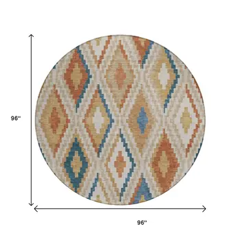 8' Beige Blue And Terra Cotta Round Geometric Washable Indoor Outdoor Area Rug