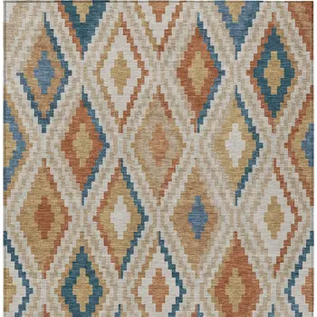 9' X 12' Beige Blue And Terra Cotta Geometric Washable Indoor Outdoor Area Rug