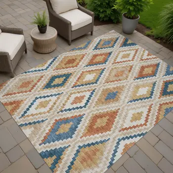 9' X 12' Beige Blue And Terra Cotta Geometric Washable Indoor Outdoor Area Rug