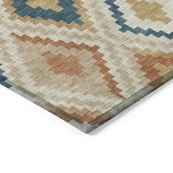 9' X 12' Beige Blue And Terra Cotta Geometric Washable Indoor Outdoor Area Rug