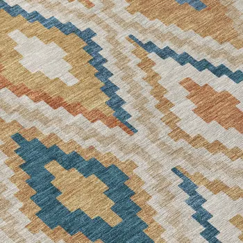 9' X 12' Beige Blue And Terra Cotta Geometric Washable Indoor Outdoor Area Rug