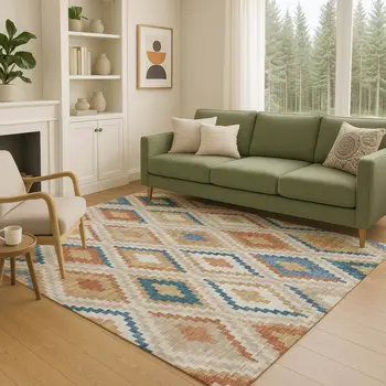 9' X 12' Beige Blue And Terra Cotta Geometric Washable Indoor Outdoor Area Rug