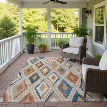 9' X 12' Beige Blue And Terra Cotta Geometric Washable Indoor Outdoor Area Rug