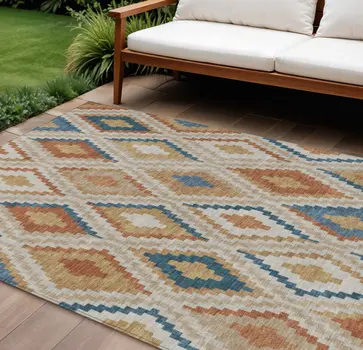 10' X 14' Beige Blue And Terra Cotta Geometric Washable Indoor Outdoor Area Rug