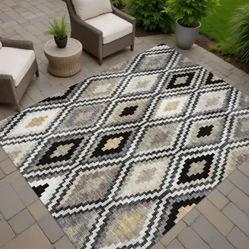5' X 8' Black Ivory And Beige Geometric Washable Indoor Outdoor Area Rug