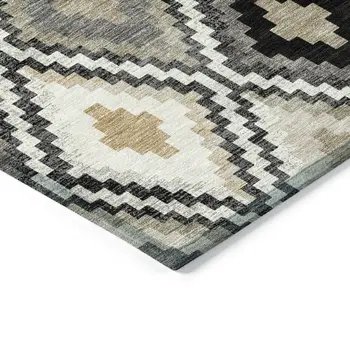 5' X 8' Black Ivory And Beige Geometric Washable Indoor Outdoor Area Rug