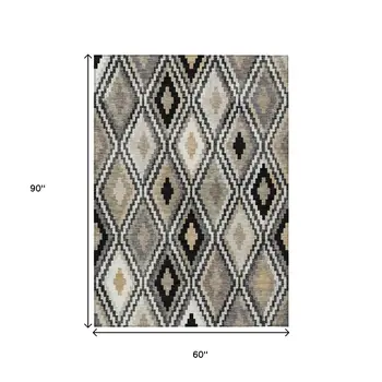 5' X 8' Black Ivory And Beige Geometric Washable Indoor Outdoor Area Rug