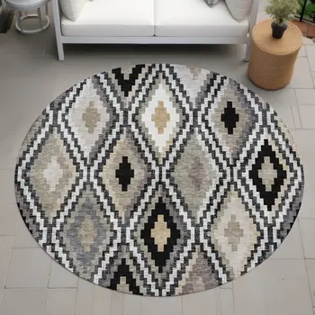 8' Black Ivory And Beige Round Geometric Washable Indoor Outdoor Area Rug