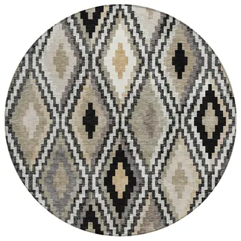 8' Black Ivory And Beige Round Geometric Washable Indoor Outdoor Area Rug