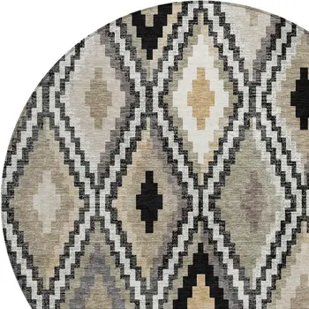 8' Black Ivory And Beige Round Geometric Washable Indoor Outdoor Area Rug