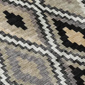 8' Black Ivory And Beige Round Geometric Washable Indoor Outdoor Area Rug