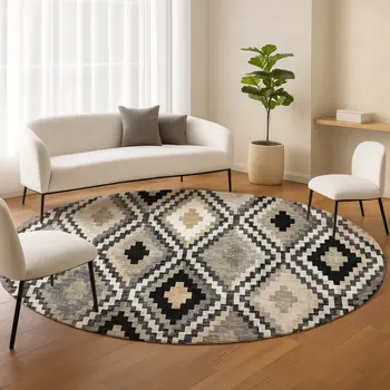 8' Black Ivory And Beige Round Geometric Washable Indoor Outdoor Area Rug