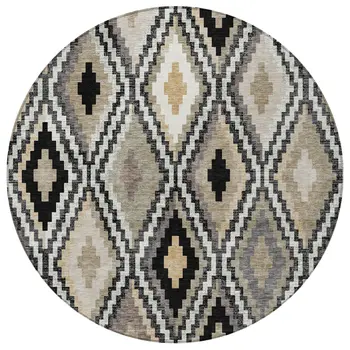 8' Black Ivory And Beige Round Geometric Washable Indoor Outdoor Area Rug