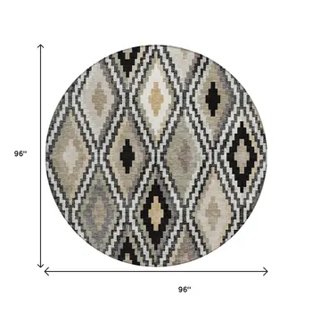 8' Black Ivory And Beige Round Geometric Washable Indoor Outdoor Area Rug