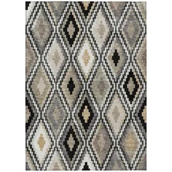 8' X 10' Black Ivory And Beige Geometric Washable Indoor Outdoor Area Rug